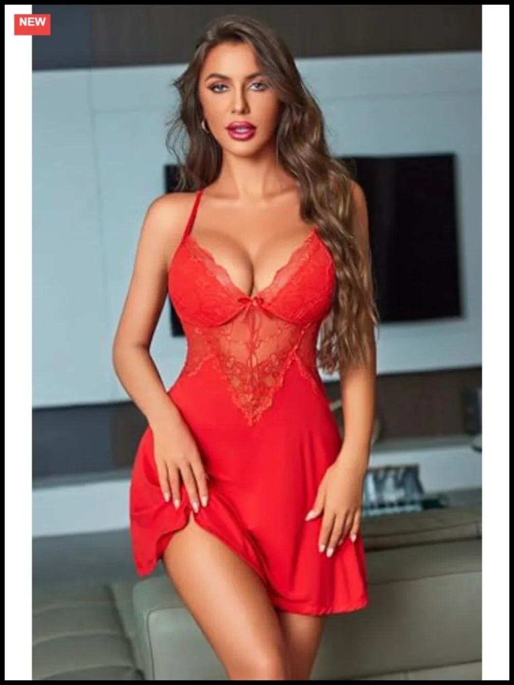 Women's Sleeveless Lace Chemise Nightgown with G-String